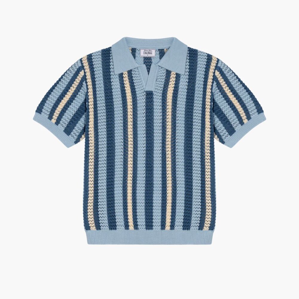 EUC Chez Rien Crochet Johnny Collar Polo in Sky colorway